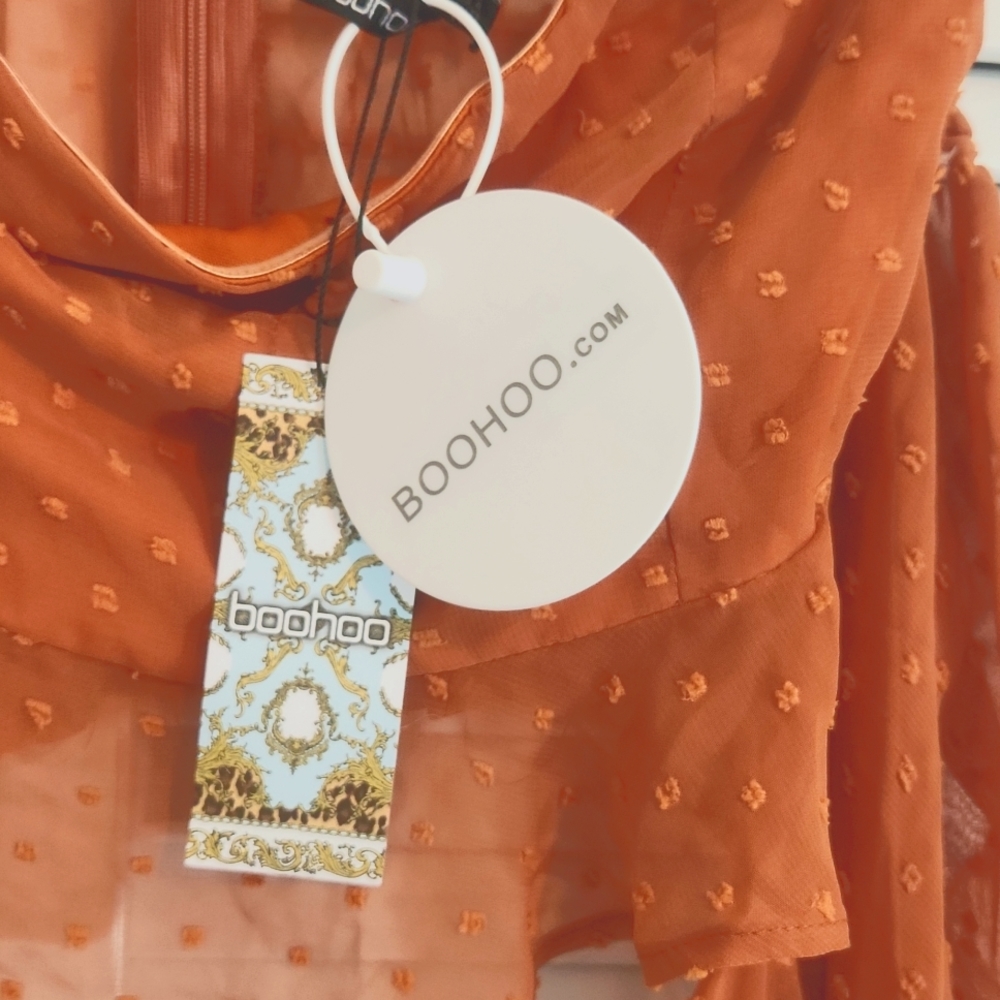 NWT boohoo Burnt Orange Sheer Off the Shoulder Crop Top - Picture 6 of 6